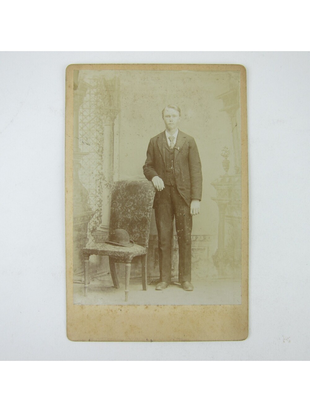 Cabinet Card Photograph Handsome Young Man Stand by Chair with Hat Antique 1890s